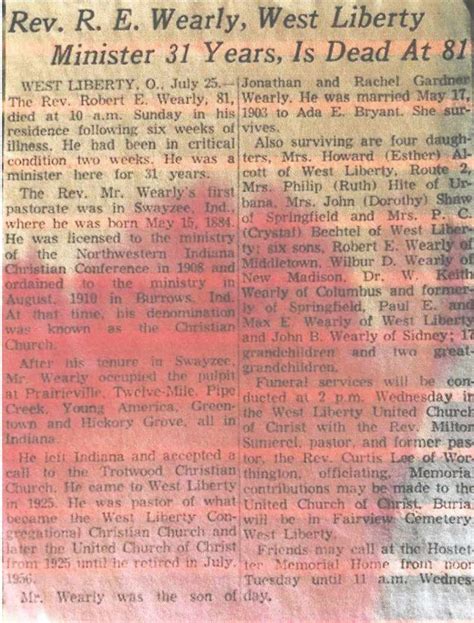Reverend Robert Elmer Wearly obituary, Bellefontaine (Ohio) Examiner ...