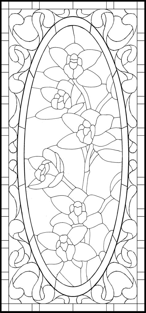 an oval stained glass window with flowers in the center and leaves on ...