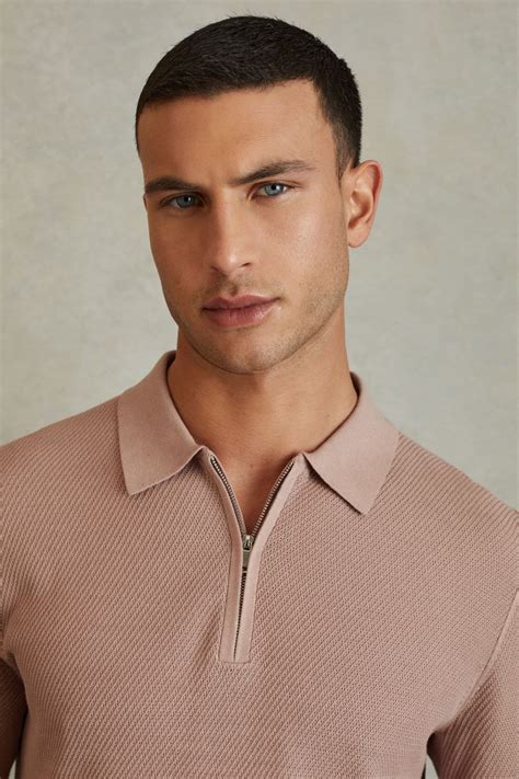 Reiss - Soft Pink Textured Half-Zip Polo Shirt, M | Polo shirt, Mens ...