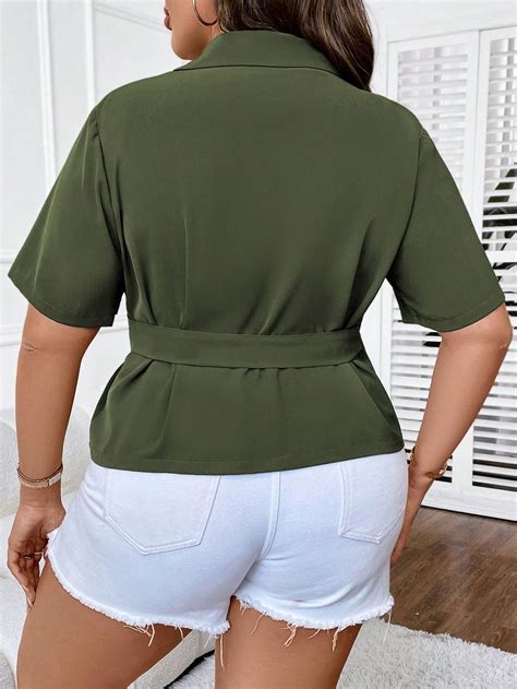 SHEIN Women's Olive Green Short Sleeve Belted Blazer – Size M ...