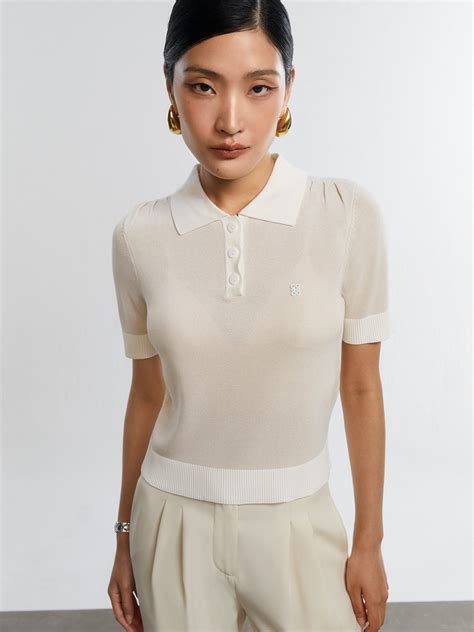 Two-Tone Knitted Cropped Polo Shirt - Ivory - Pomelo Fashion