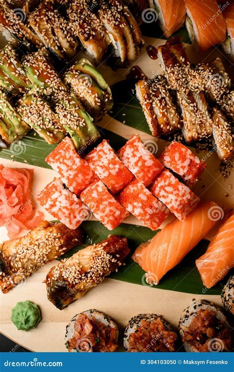 Top View Set of Different Sushi Rolls with Different Types of Fish ...