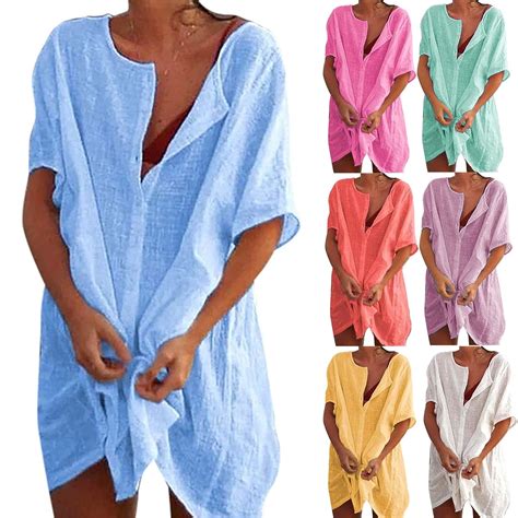 Women's Short Sleeve Beach Shirt, Button Swim Pool Cover Up Top ...