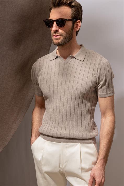 Taupe ribbed knit polo - Made in Italy | Polo shirt outfits, Mens ...