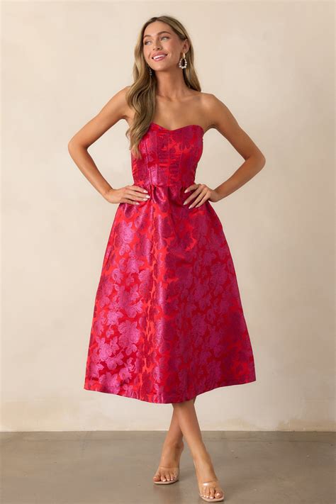 Red & Pink Jacquard Midi Dress - All Dresses | Red Dress