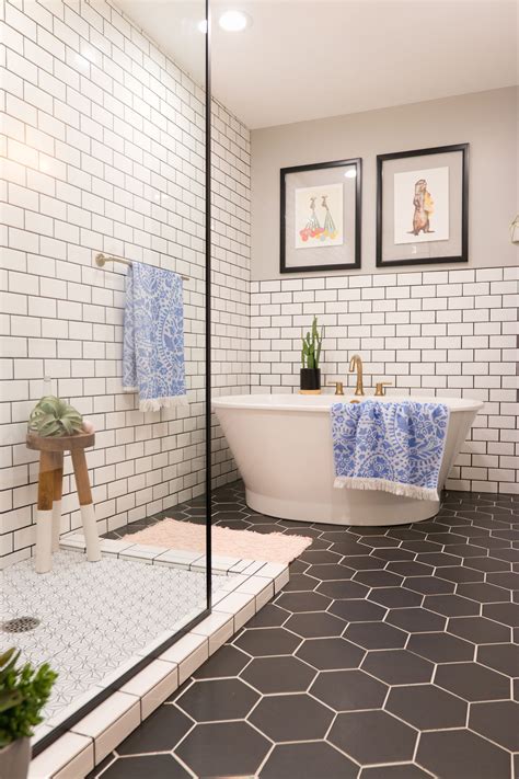 midcentury bathroom; black hexagon tile; subway tile bath | White ...
