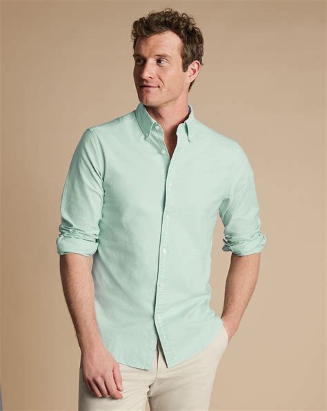 Button-Down Collar Stretch Washed Oxford Shirt - Light Green | Charles ...