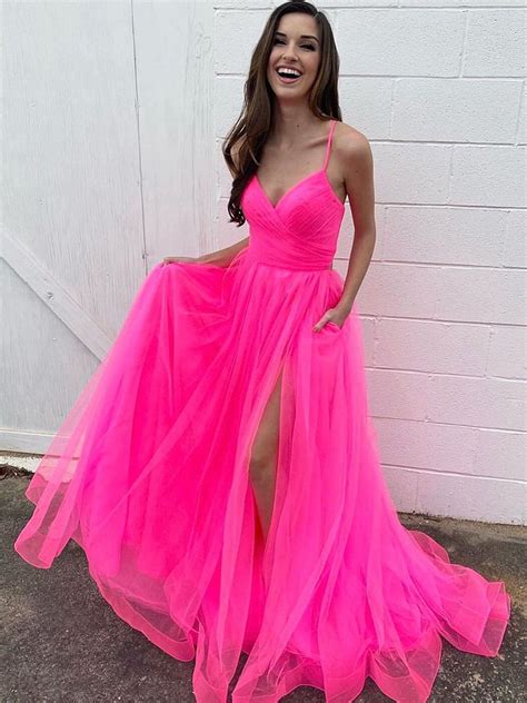 V Neck Hot Pink Long Prom Dresses, V Neck Hot Pink Long Formal Evening ...