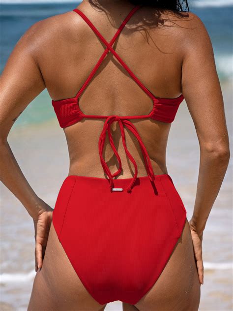 Red Ribbed Seam Full Coverage Bikini Bottom & Reviews - Red,Cyan ...