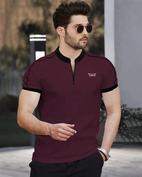 Buy Men Maroon Zip-neck Half Sleeve Black Piping T-shirt Online - TRIPR