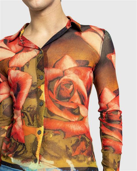 Jean Paul Gaultier - Mesh Long-Sleeve Shirt Printed Roses Green/Red/Blue