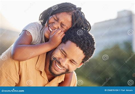 Happy, Black Father and Daughter Smiling on Back in Joyful Happiness ...