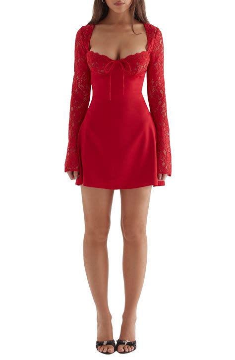 HOUSE OF CB Jennica Long Sleeve Satin & Lace Minidress | Nordstrom in ...