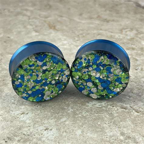 Embedded Blue and Green Party Time Glitter Double Flare Plugs