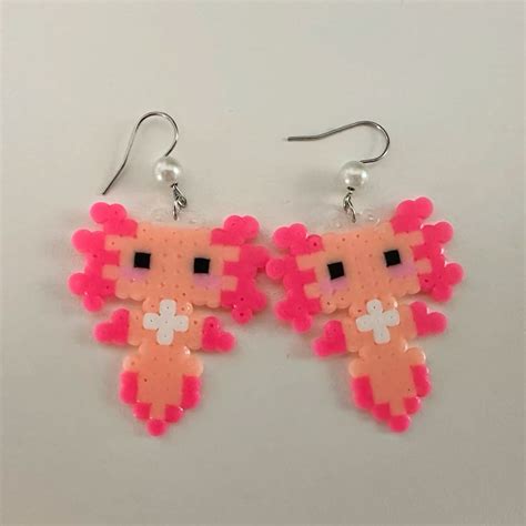 Cute axolotl perler bead fuse bead earrings in 2025 | Fuse beads, Easy ...