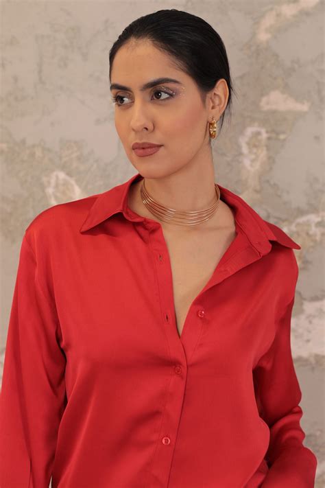 Kobe Satin Fabric Classic Wide Cuff Women's Shirt Red