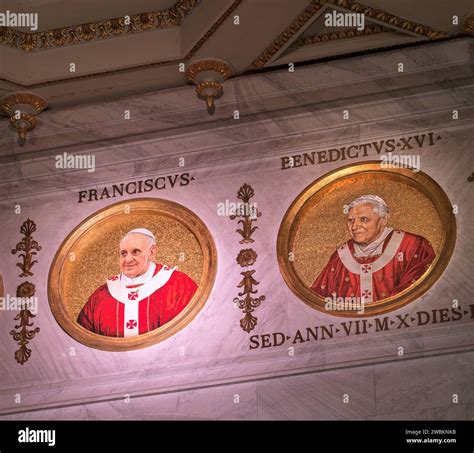 Mosaic portrait, of Pope Francis I and his predecessor Pope Benedict ...