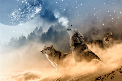 Moonlit Howls: A Stunning HD Wallpaper of Fantasy Wolves by InspiredImages