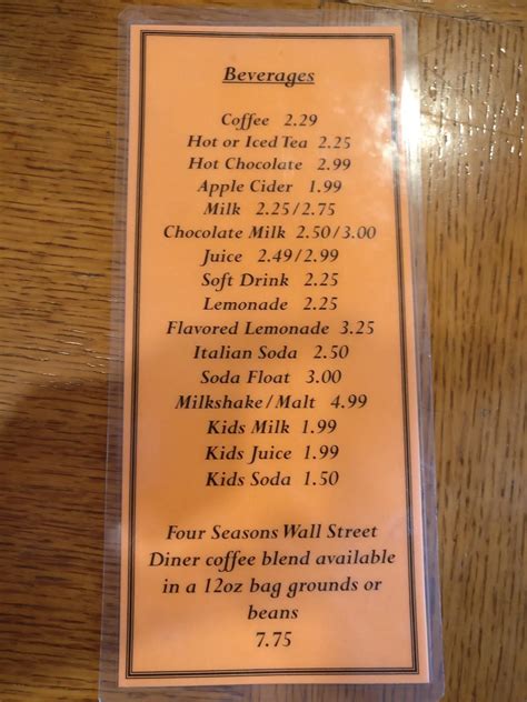 Menu at Wall Street Diner restaurant, Spokane