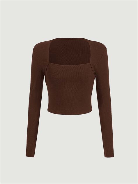 Square Neck Rib-knit Tee in 2025 | Brown top outfit, Brown long sleeve ...