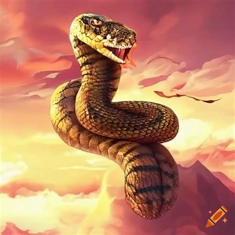 Fantasy art of a giant snake climbing a mountain