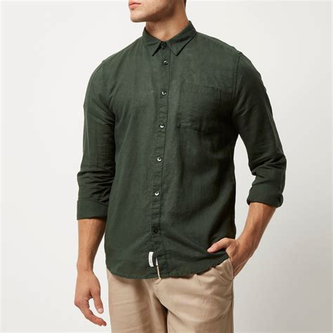 Lyst - River Island Dark Green Linen-rich Shirt in Green for Men