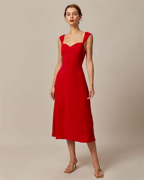The Red Sweetheart Neck Cap Sleeve Midi Dress - Red Sweetheart Neckline ...
