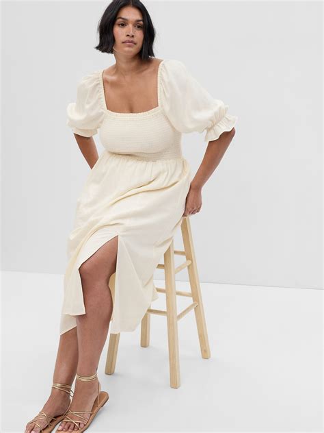 Linen-Blend Puff Sleeve Midi Dress | Gap