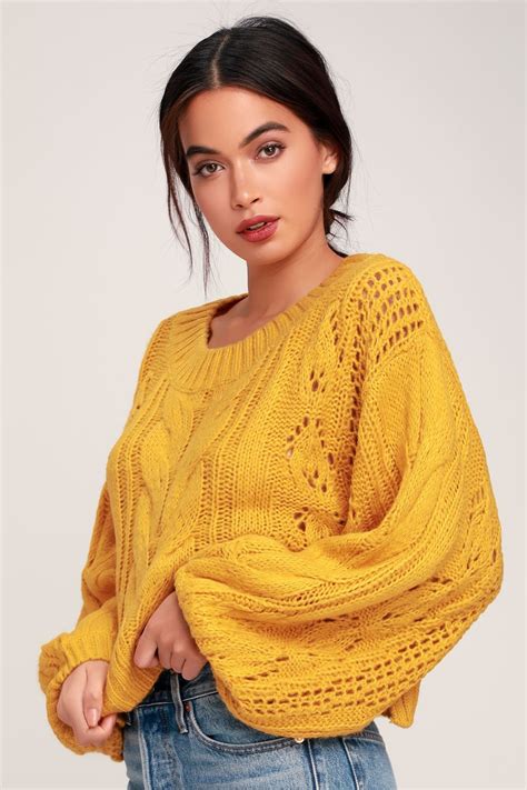 Alden Mustard Yellow Cropped Balloon Sleeve Knit Sweater | Knitted ...