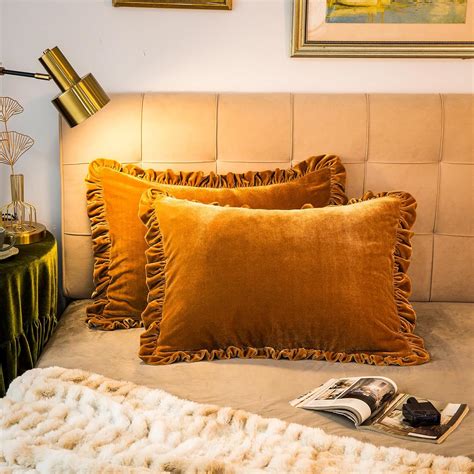 Velvet Pillow Shams Set of 2 Retro Ruffle Flounces Trim Soft Decorative ...