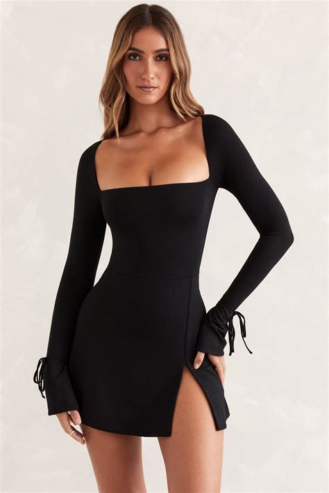 Baize Square Neck Long Sleeve Mini Dress in Black | Oh Polly