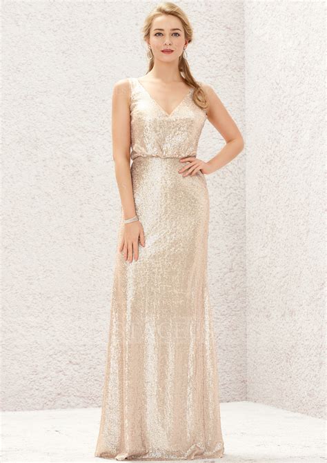 Sheath/Column V Neck Long/Floor-Length Sequined Bridesmaid Dress With ...