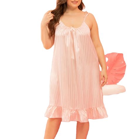 Wholesale Striped Ruffled Hem V Neck Nightgown Pink Plus Size Women ...