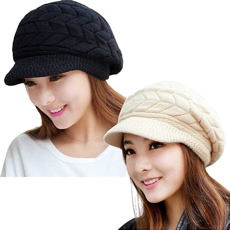 Dalrosia 2PCS Women Winter Warm Knit Hat Slouchy Beanie Cap with Visor ...