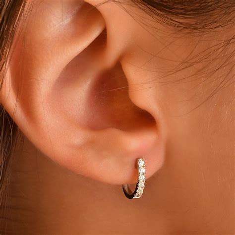 18k Gold Diamond Hoop Earrings, Diamond Huggie Earring, Mini Hoop ...