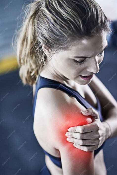 Premium Photo | Frustrated woman shoulder and pain with fitness injury bruise or red glow in ...