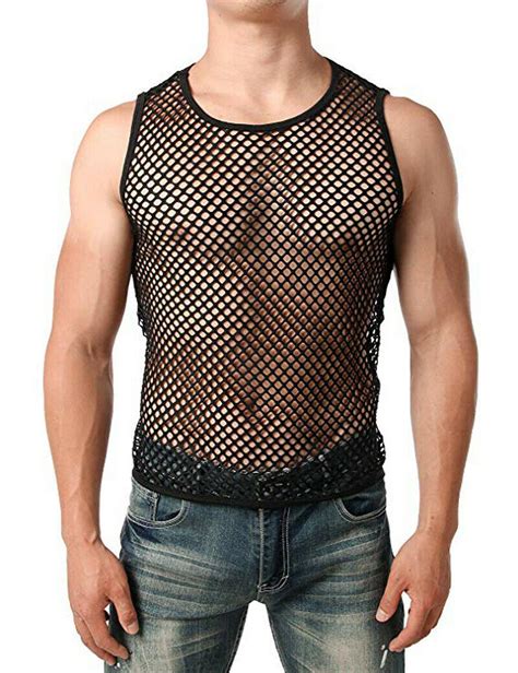 Men Mesh Tank Top See Through Fishnet Vest Sleeveless Fitted Muscle T ...