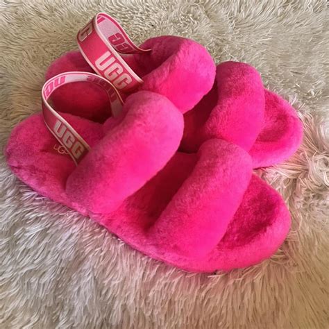 pink fluffy ugg slipper sandals size 9 in great... - Depop