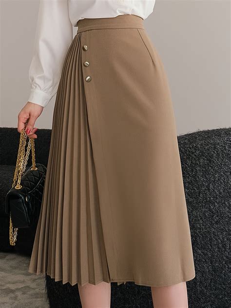 Solid High Waist Pleated Skirt, Elegant Button A Line Midi Skirt, Women ...