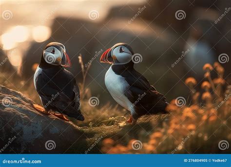 Flock of Atlantic Puffin or Common Puffin Standing on the Meadow. Birds ...