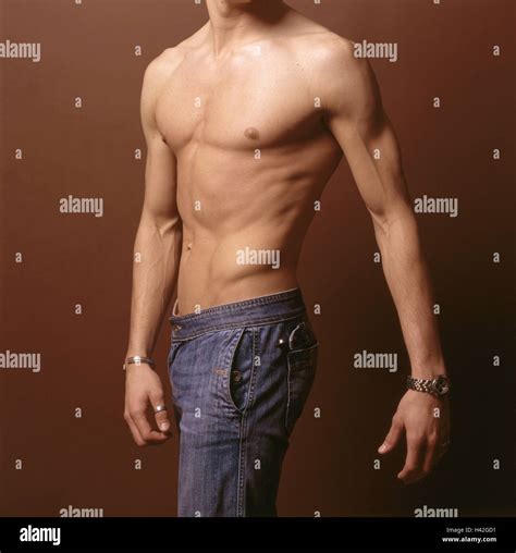 Man, jeans, free upper part of the body, pose, curled, young, body ...