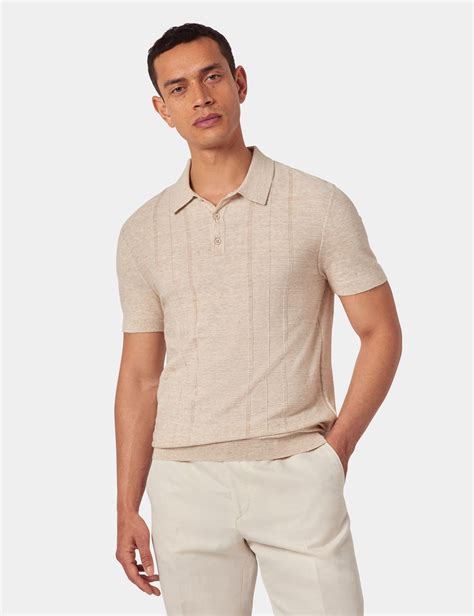 Men's Light Beige Melange Stripe Knitted Cotton Polo Shirt - Short ...