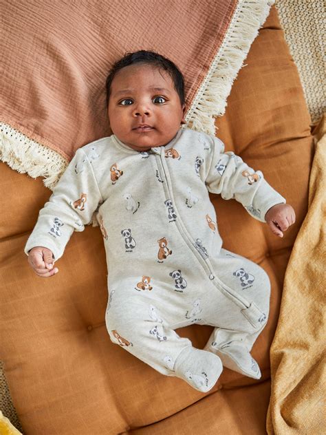 Stone Grey Bear Print Zip Cotton Baby Sleepsuit | JoJo Maman Bébé