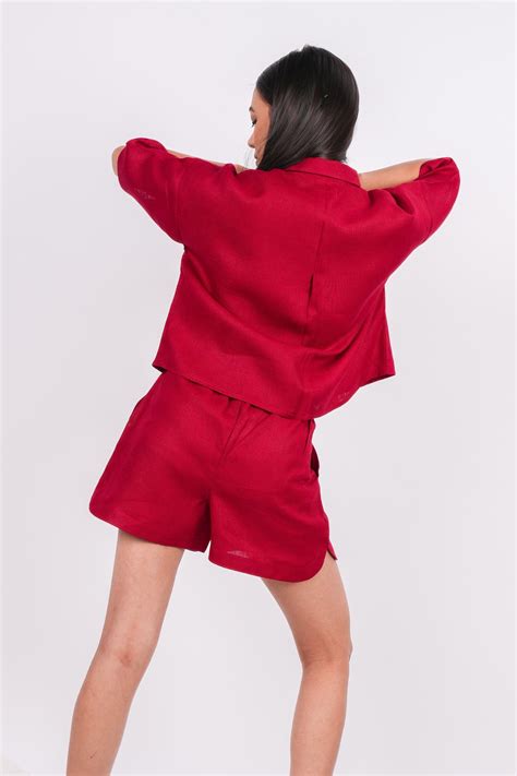 Cherry Red Linen Shorts for Women - LININ