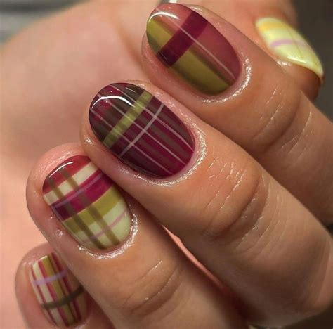 olive and burgundy plaid nails in 2025 | Plaid nails, Gel nails, Nail ...