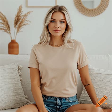 A blond woman wearing a tan t-shirt and denim shorts sits on a white ...