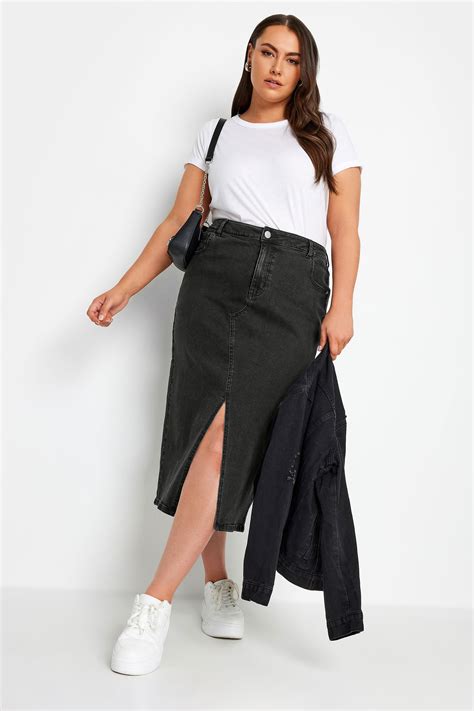 YOURS Plus Size Black Midi Stretch Denim Skirt | Yours Clothing