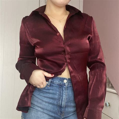 vintage 90s burgundy iridescent silky shirt blouse,... - Depop