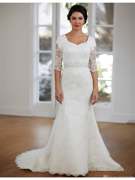 Einfache Vintage Spitze Meerjungfrau Bescheidene Brautkleider Halbarm ...