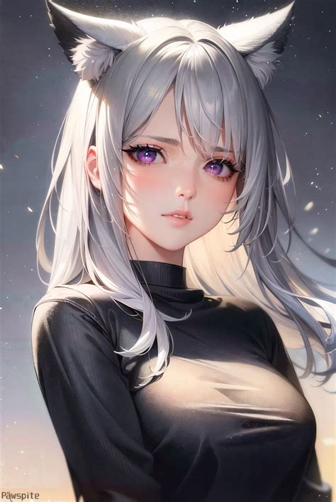 women, cat girl, white hair, pawspite, AI art, digital art ...